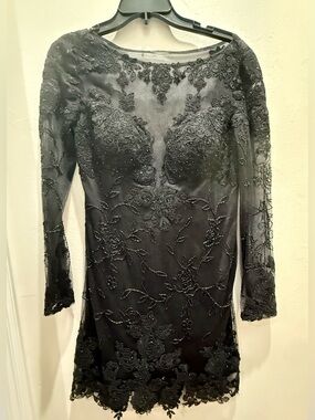 Vintage Dave & Johnny Black Beaded Lace Sheer Mini Dress 9/10 Y2K